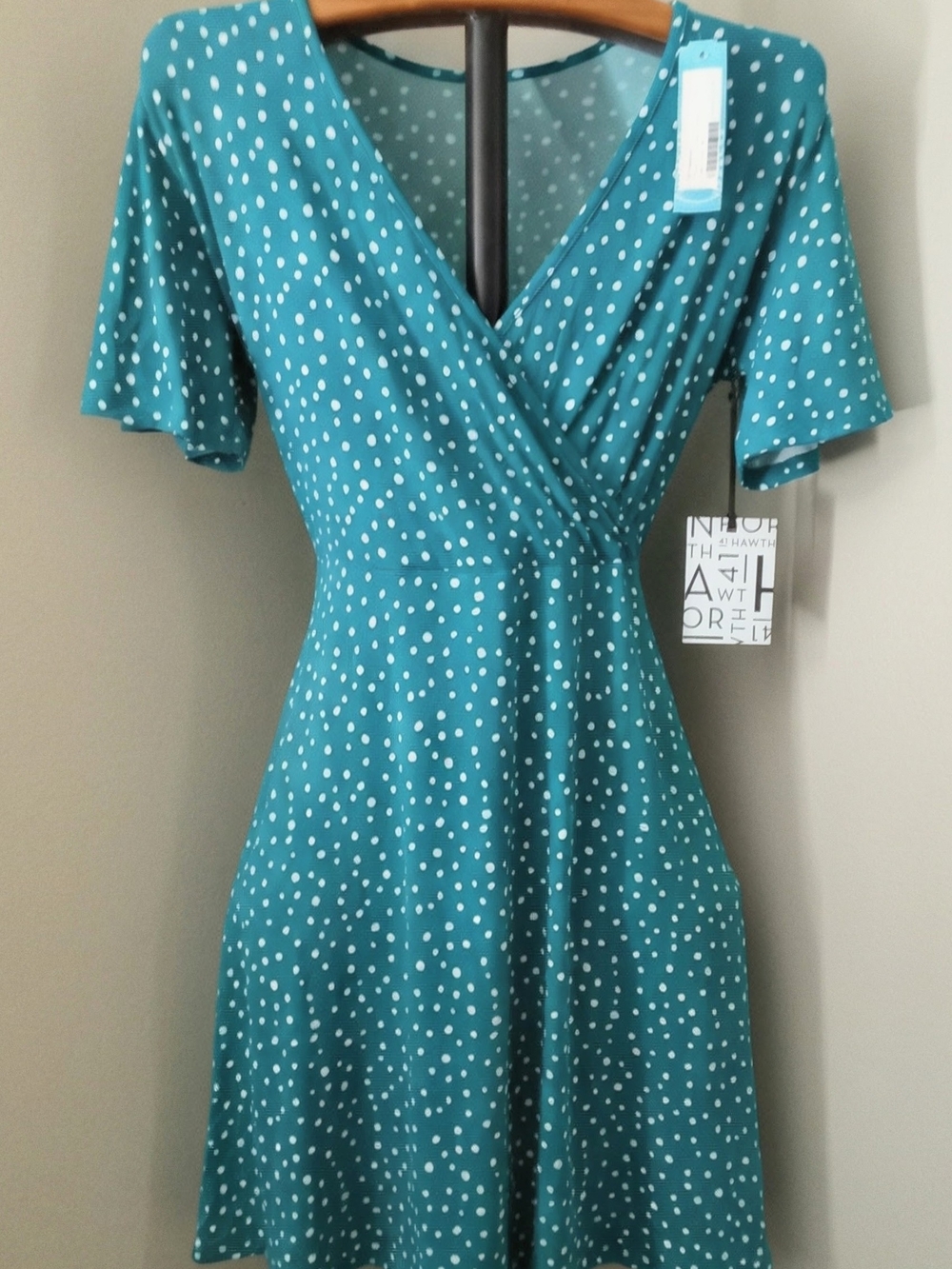 41 Hawthorn Teal White Polka Dot Faux Wrap Midi Dress